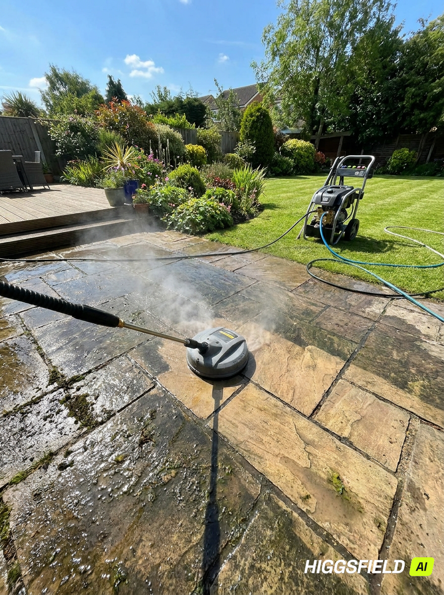High pressure deep cleaning of a stone patio